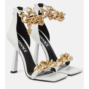 Versace NIB Medusa Square Toe Curb Chain Ankle Strap Heels Sandals 39.5 White